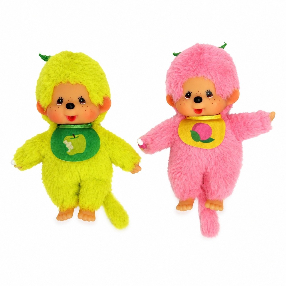 Monchhichi Sekiguchi 5in Plush Set of 2 Neon Green Apple Pink Peach Fruit Monkey